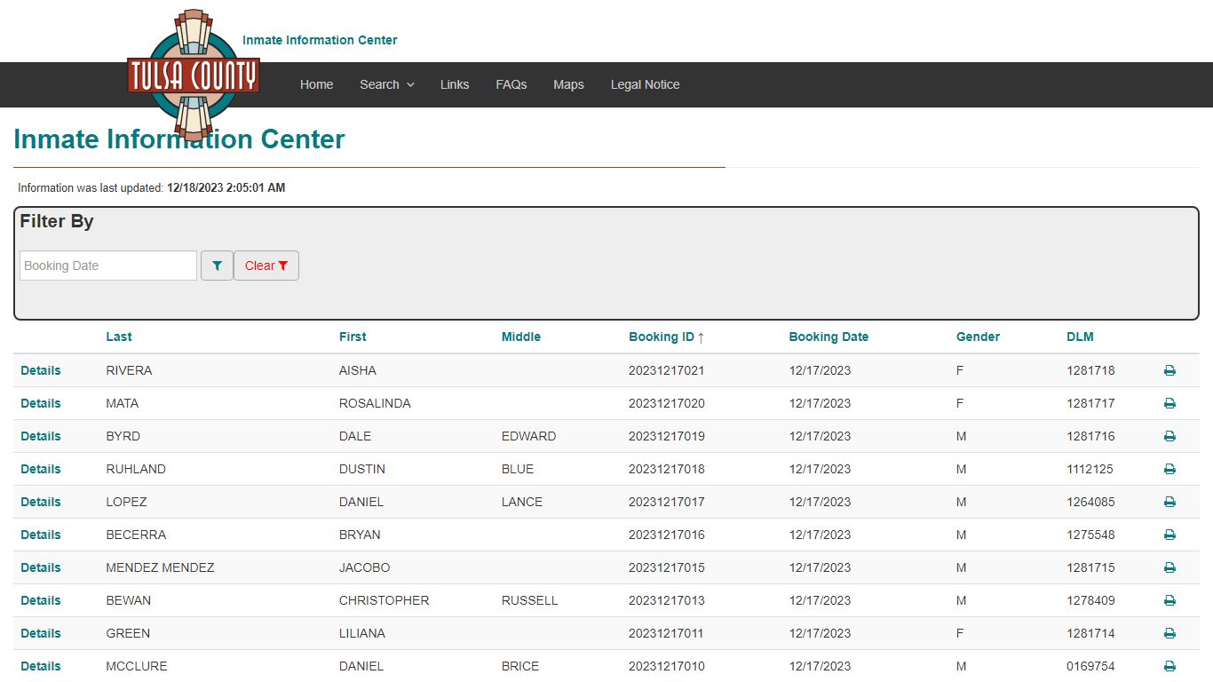 Booking Index - Inmate Information Center - Tulsa County, Oklahoma